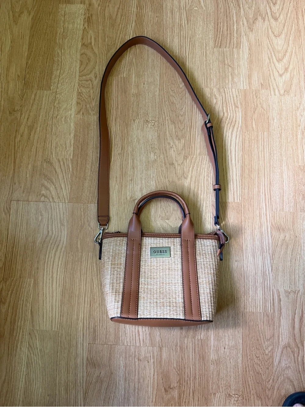 GUESS Brown and Tan Woven Crossbody Mini Purse